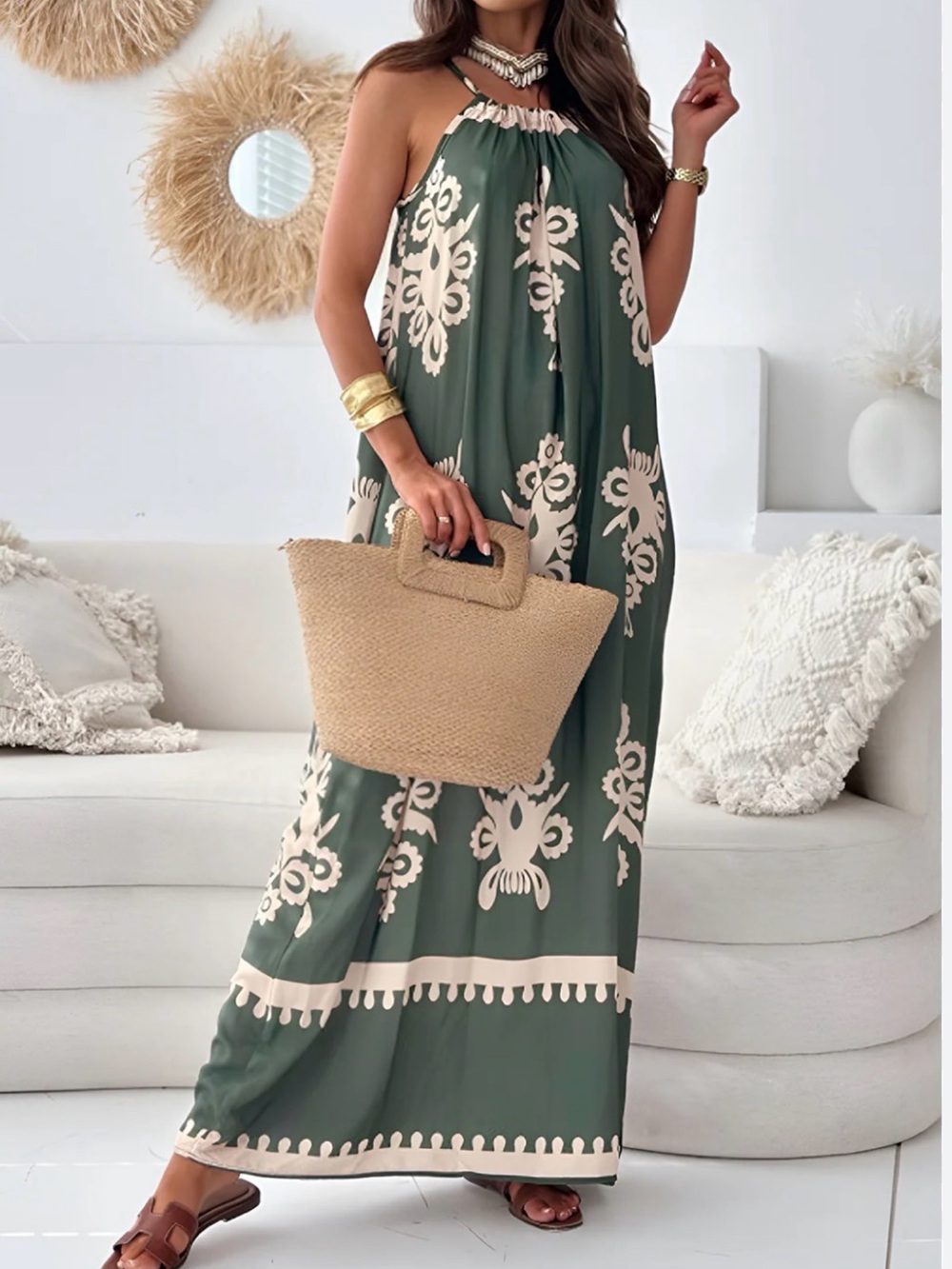 Green Maxi Dress with Cream Floral Print - Sleeveless Tie-Neck